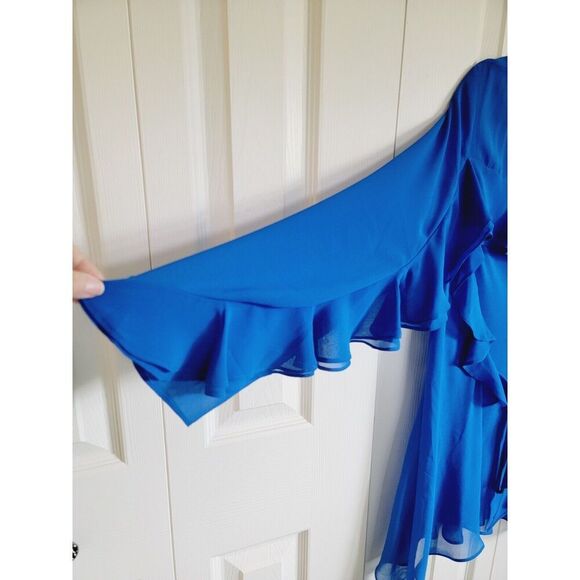 Chico's 3 Black Label Tunic Top XL Royal Blue Asymmetrical Romantic Sheer Ruffle - Picture 6 of 6